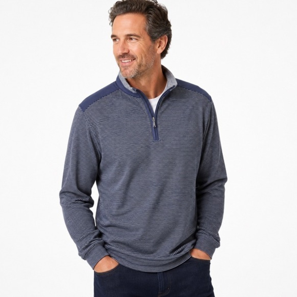 Bugatchi Quarter Zip Cotton Knit Pullover Mens XXL Blue Gray Stripe